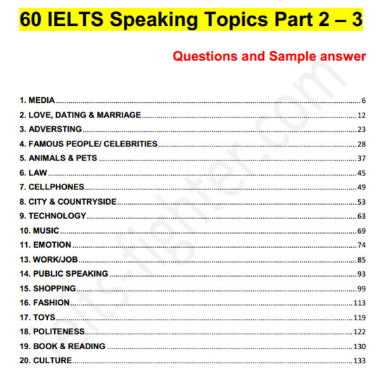 60 IELTS Speaking topics part 2-3 with answer