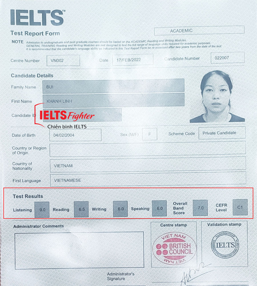 Linh 7.0 IELTS ielts fighter 737 quang trung
