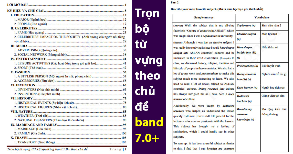 TRỌN BỘ TỪ VỰNG  IELTS SPEAKING BAND 7.0+ THEO CHỦ ĐỀ
